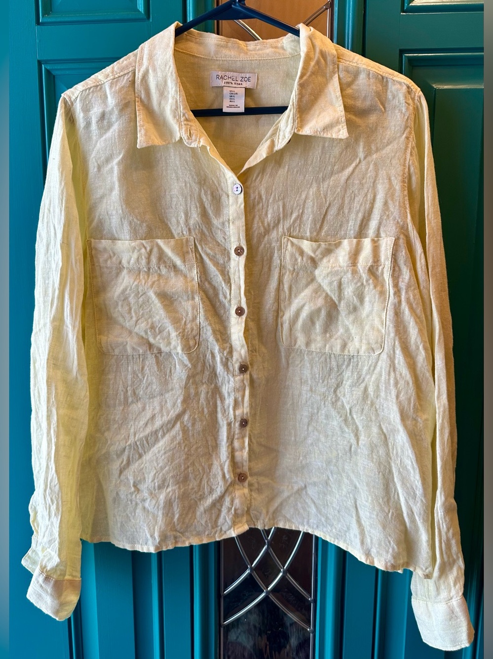 Rachel Zoe 100% Linen Button Down Shirt Pastel Yellow Dual Pocket Size Large